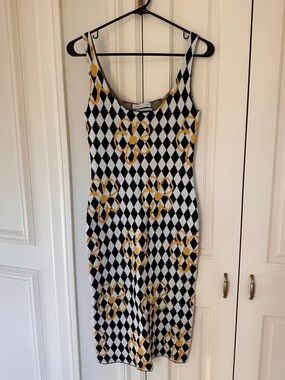 Urban Outfitters Black, White & Yellow Diamond Floral Knit Midi Dress